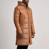 Elkum Tan Leather Hooded Coat Jacket